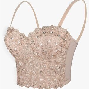 New Women's Natural Lace Rhinestone Bustier Crop Top Sexy Mesh Corset Top Bra